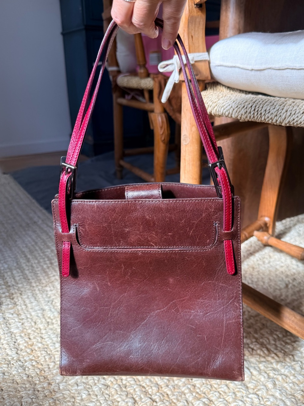 Y2K Women's Leather DKNY Top-Handle Bag in Burgundy and Pink